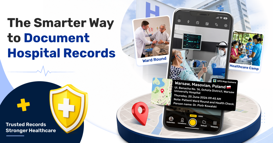 Medical professionals using GPS Map Camera to document hospital procedures, patient visits, and field healthcare with verified location and time stamps.