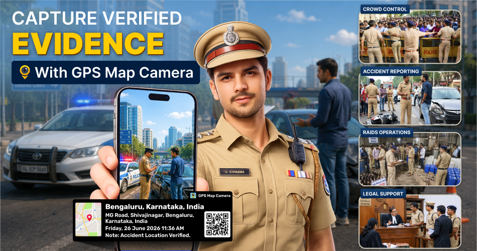 Police officer using GPS Map Camera to capture verified evidence at a crime scene with location, date, and time stamp for legal and investigative purposes.
