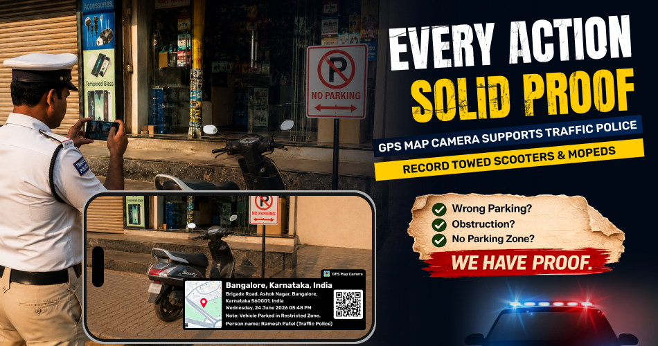 Traffic police officer using GPS Map Camera to document towed scooters and mopeds with verified date, time, and location stamps for transparent enforcement.
